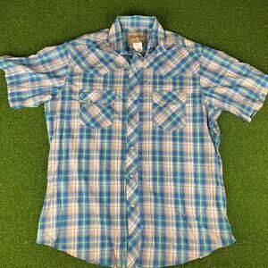 Vintage Wrangler Western Fashion Pearl Snap Blue Plaid Short Sleeve Shirt Sz L
